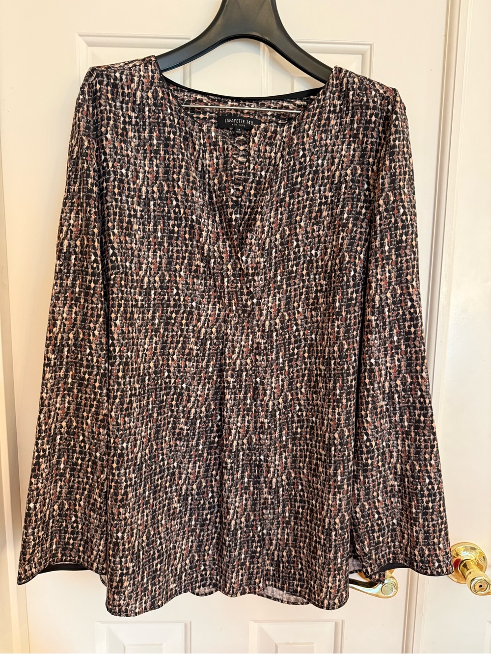 Lafayette 148 New York Black, Tan, Rust Silk V-Neck Tunic Blouse